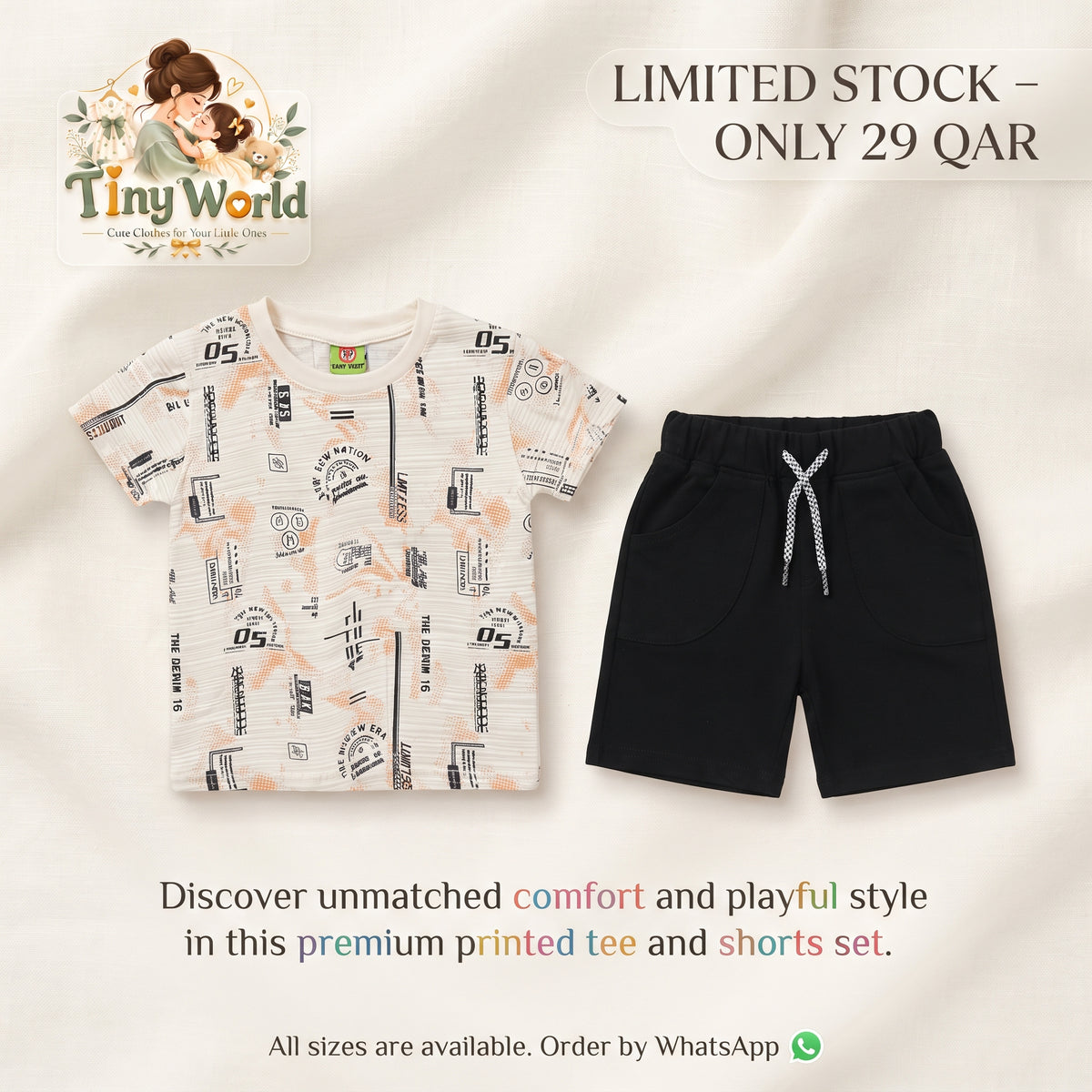 Beige & Black Printed T-Shirt and Black Shorts Set for Boys