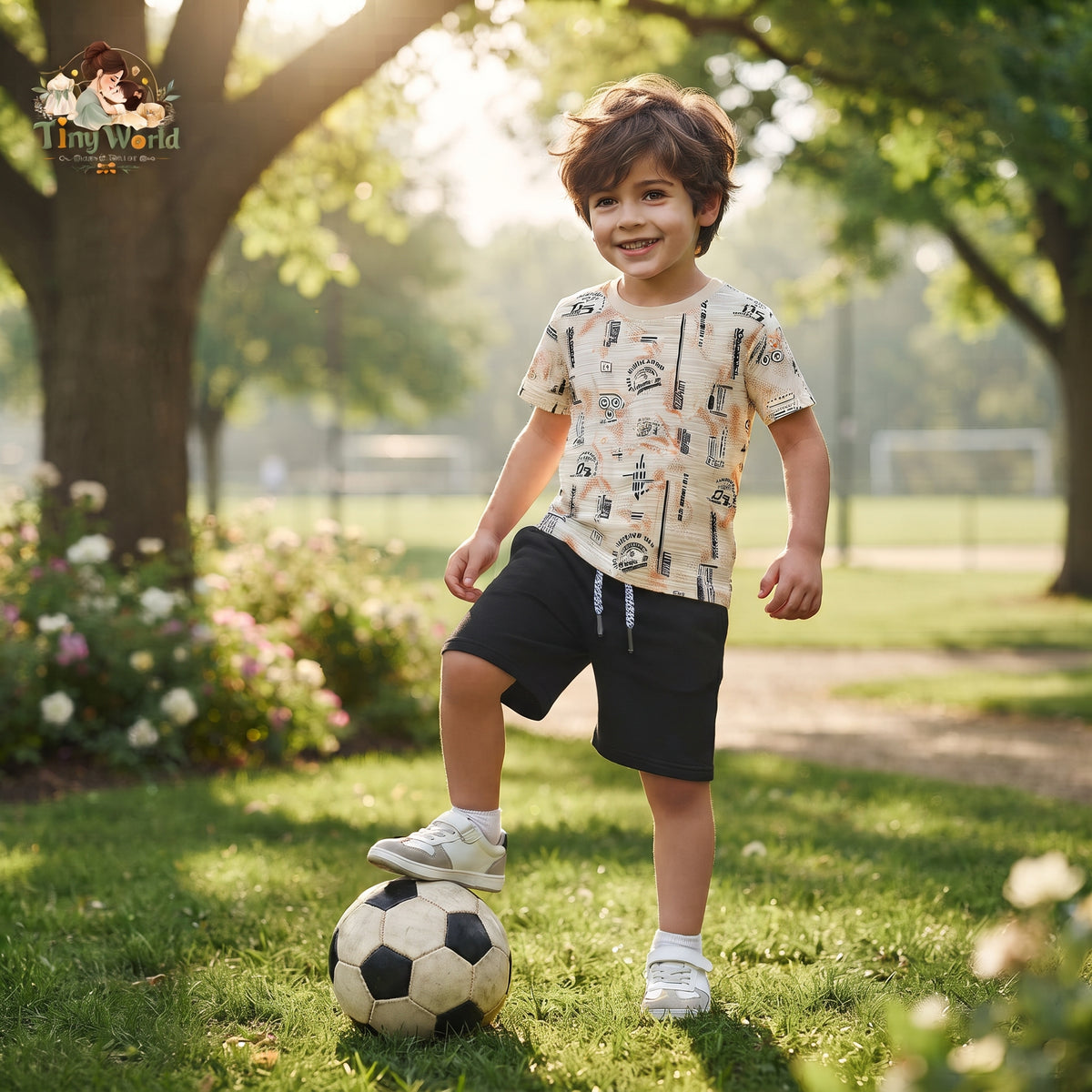 Beige & Black Printed T-Shirt and Black Shorts Set for Boys