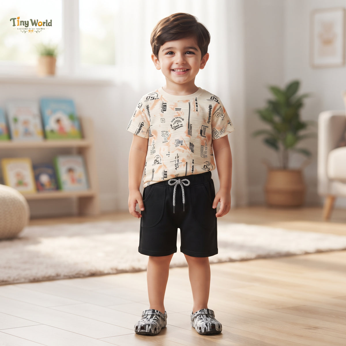 Beige & Black Printed T-Shirt and Black Shorts Set for Boys