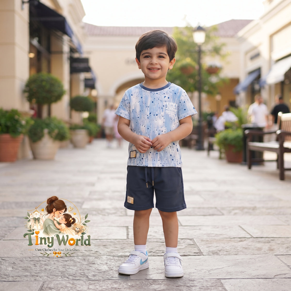 Blue Splash Tee & Navy Comfort Shorts Outfit