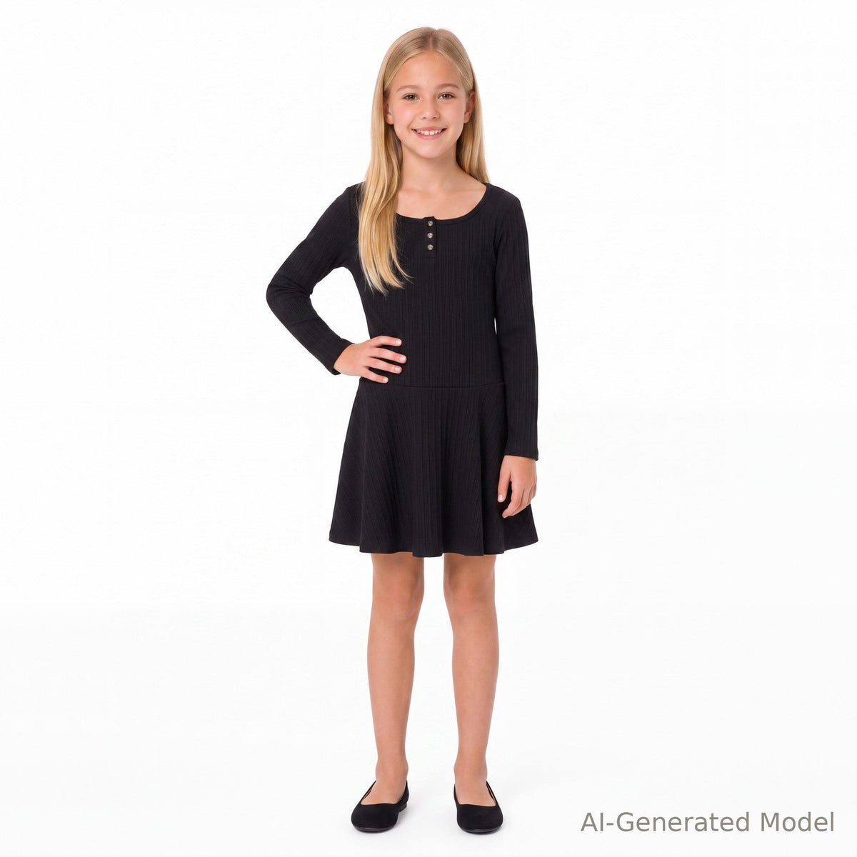 Tween Girls Ribbed Henley Dress | Black