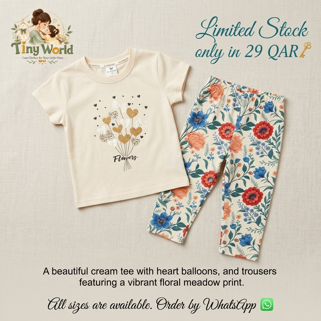 Toddler Floral Outfit Set | Cute Cream Heart Tee & Colorful Floral Trousers