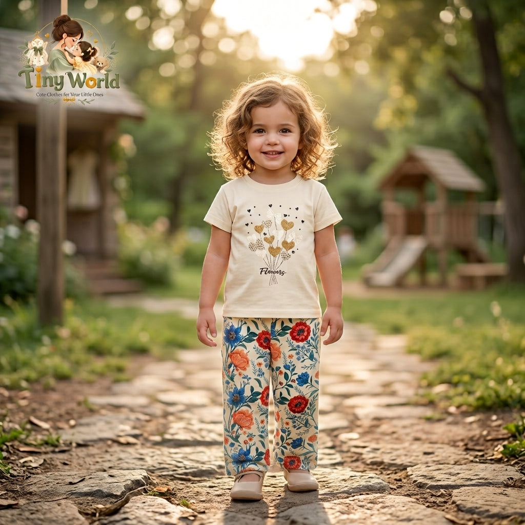 Toddler Floral Outfit Set | Cute Cream Heart Tee & Colorful Floral Trousers
