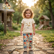 Toddler Floral Outfit Set | Cute Cream Heart Tee & Colorful Floral Trousers