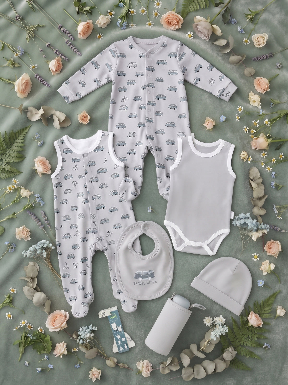 Cozy Cotton Romper Gift Set for Baby – 7 Pieces in Soft Gray