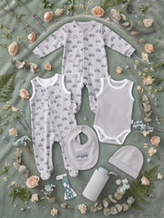Cozy Cotton Romper Gift Set for Baby – 7 Pieces in Soft Gray