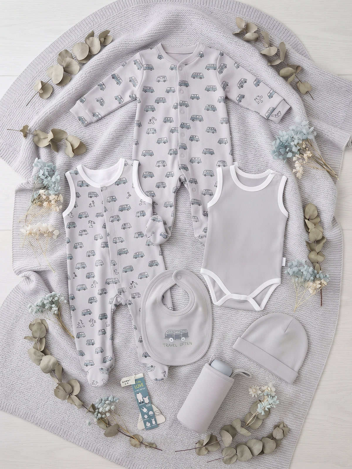 Cozy Cotton Romper Gift Set for Baby – 7 Pieces in Soft Gray