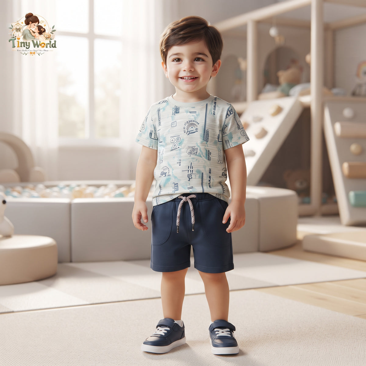 Blue Printed T-Shirt and Shorts Set for Boys