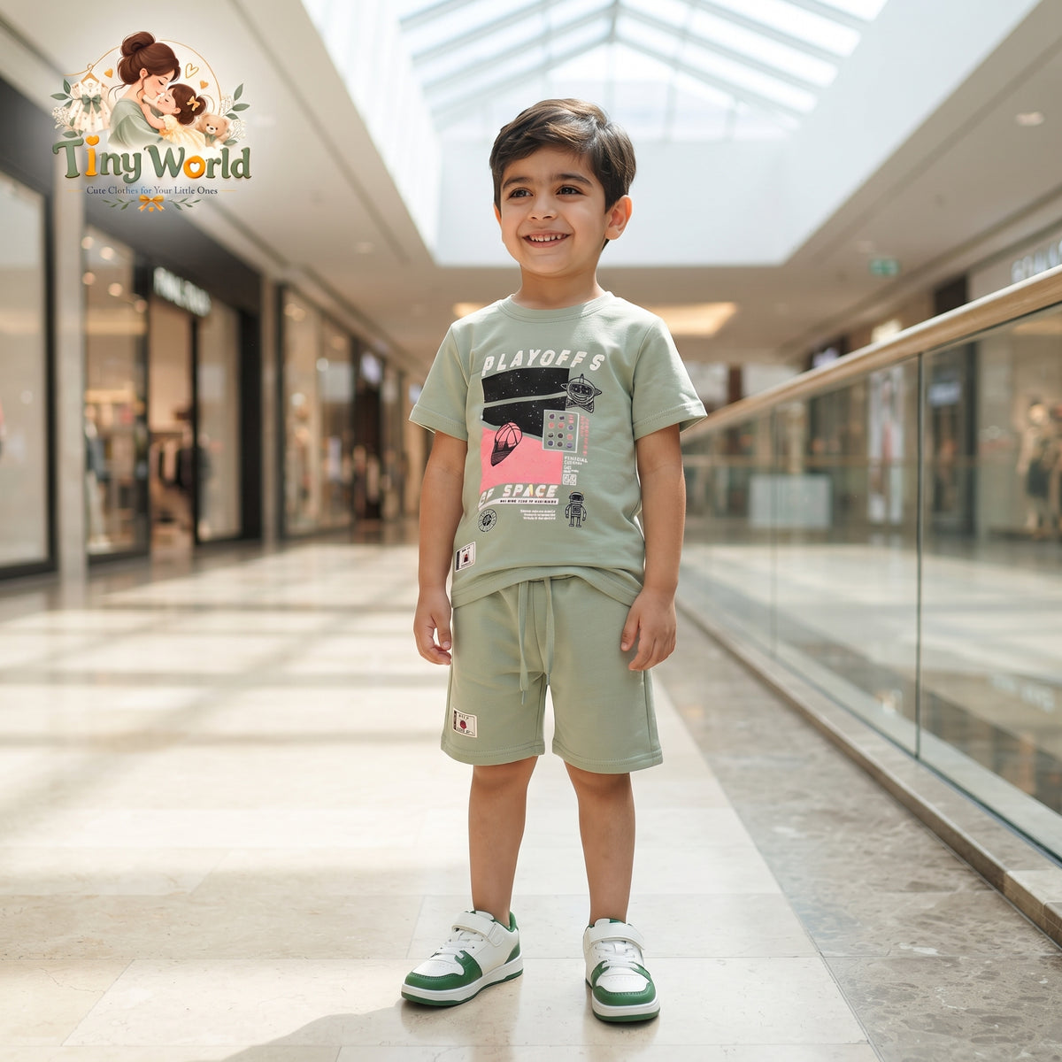 Boys Sage Green Graphic T-Shirt & Shorts Set Casual Kids Outfit