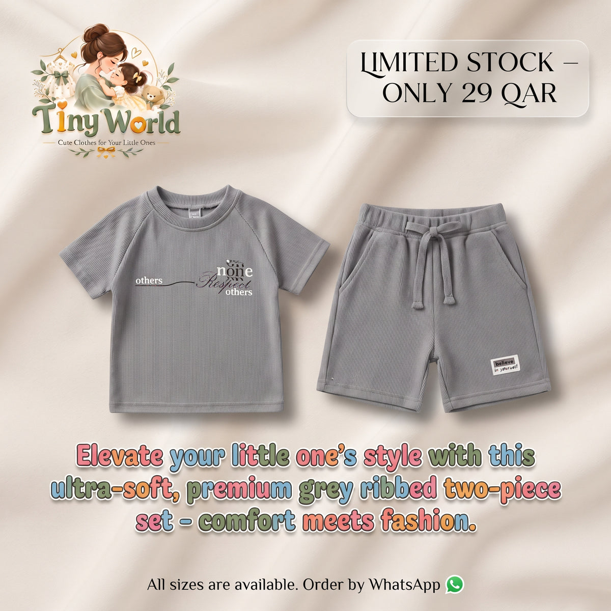 Grey Waffle Knit T-Shirt and Shorts Set