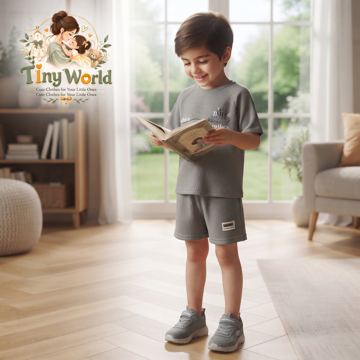 Grey Waffle Knit T-Shirt and Shorts Set