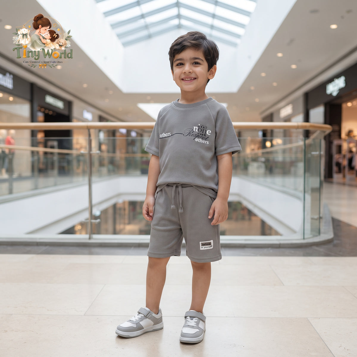 Grey Waffle Knit T-Shirt and Shorts Set