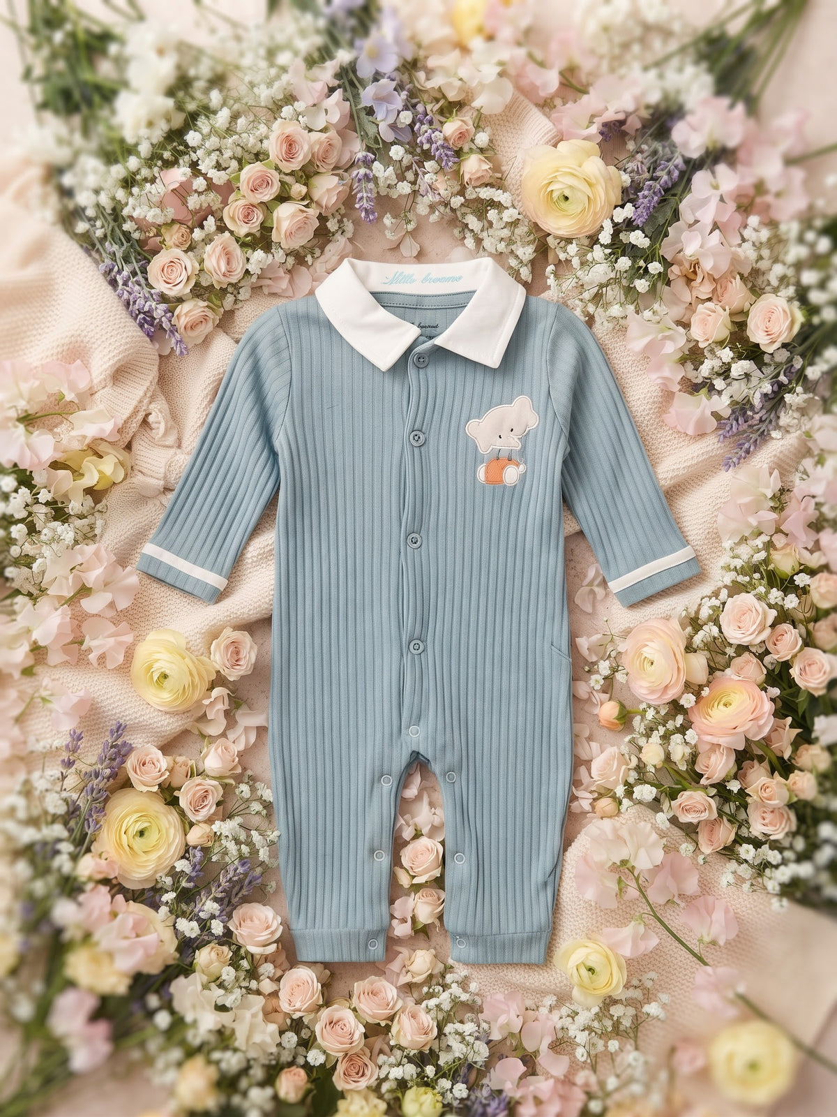 Little Dreams Rib-Knit Baby Romper with Contrast Collar and Elephant Patch