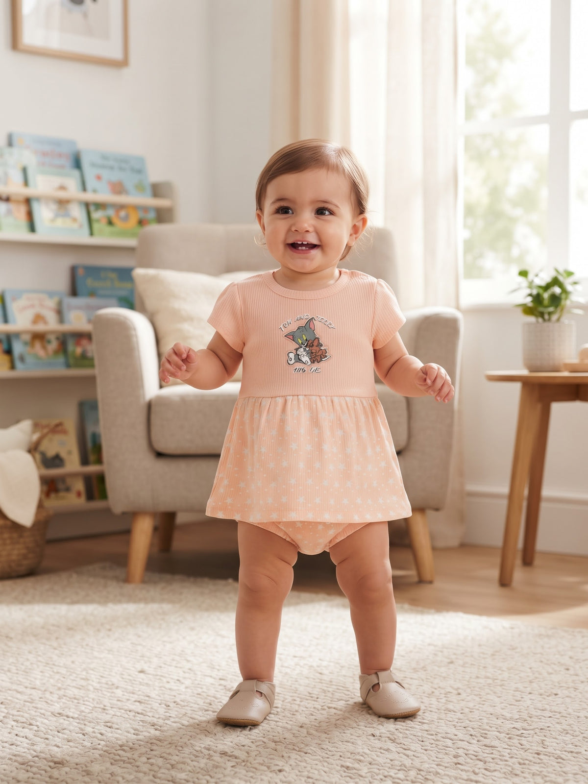 Adorable Tom & Jerry Peach Ribbed Baby Outfit Set