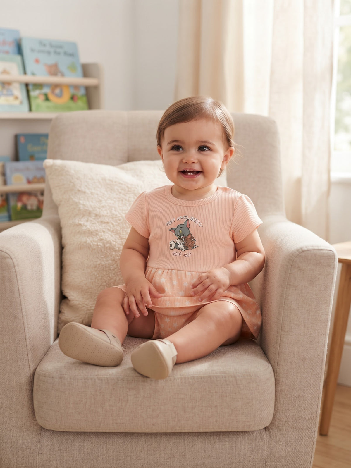 Adorable Tom & Jerry Peach Ribbed Baby Outfit Set