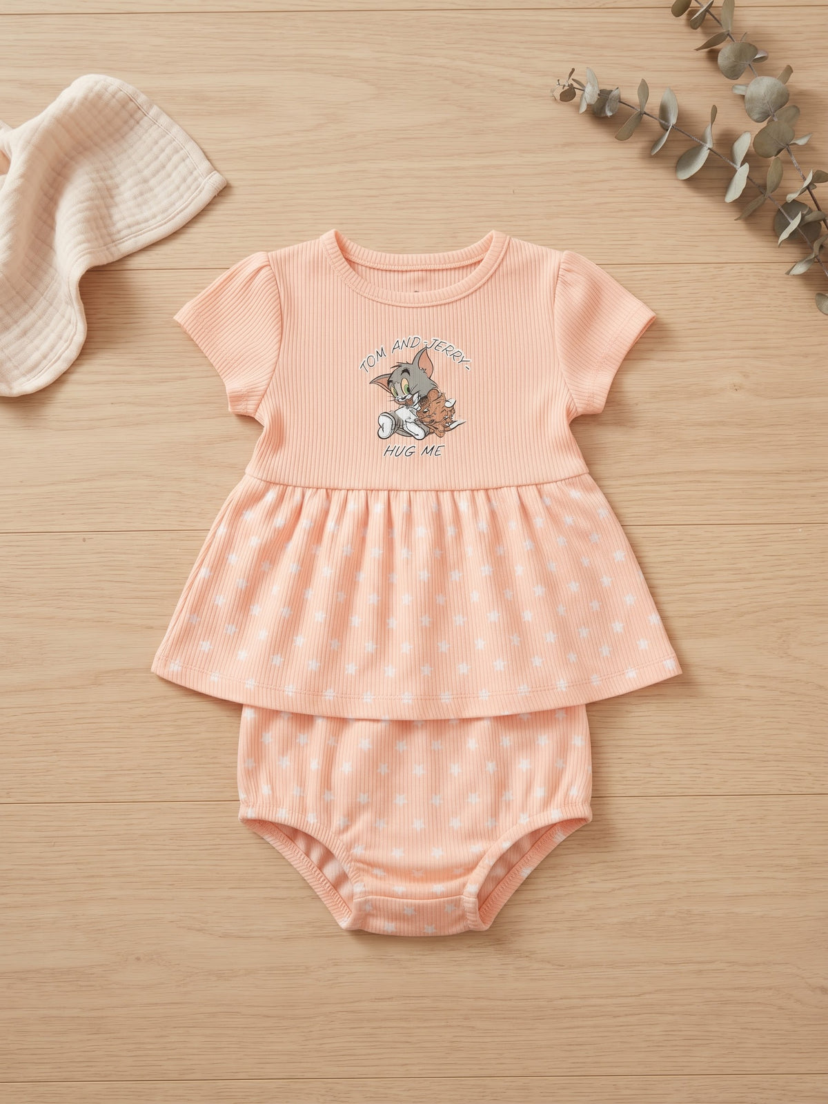 Adorable Tom & Jerry Peach Ribbed Baby Outfit Set