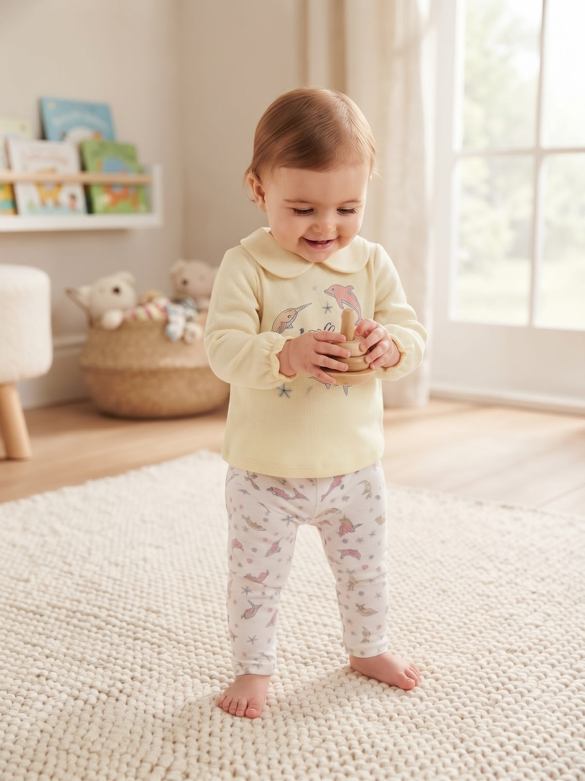 Cute Toddler Girl Long-Sleeve Dolphin Print Top & Leggings Outfit Set