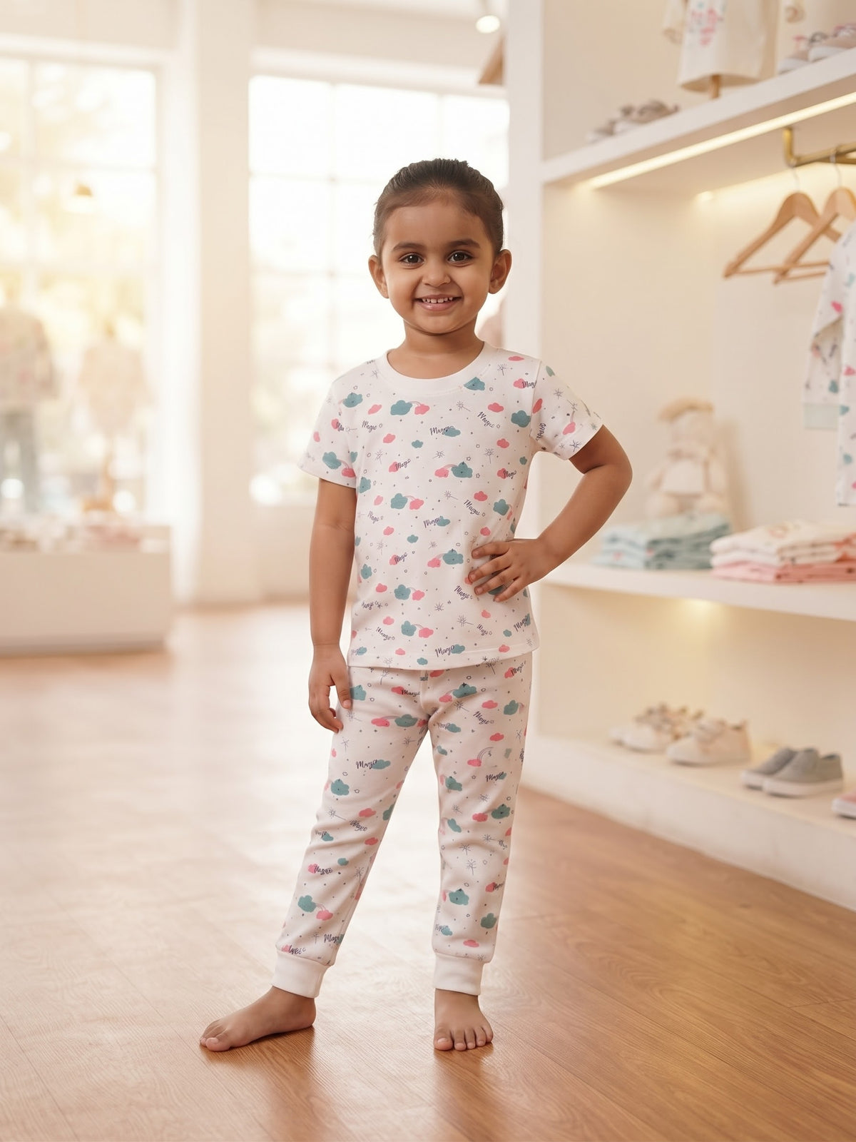 Baby Girls "Magic" Cloud & Star Print Half-Sleeve & Trouser Set