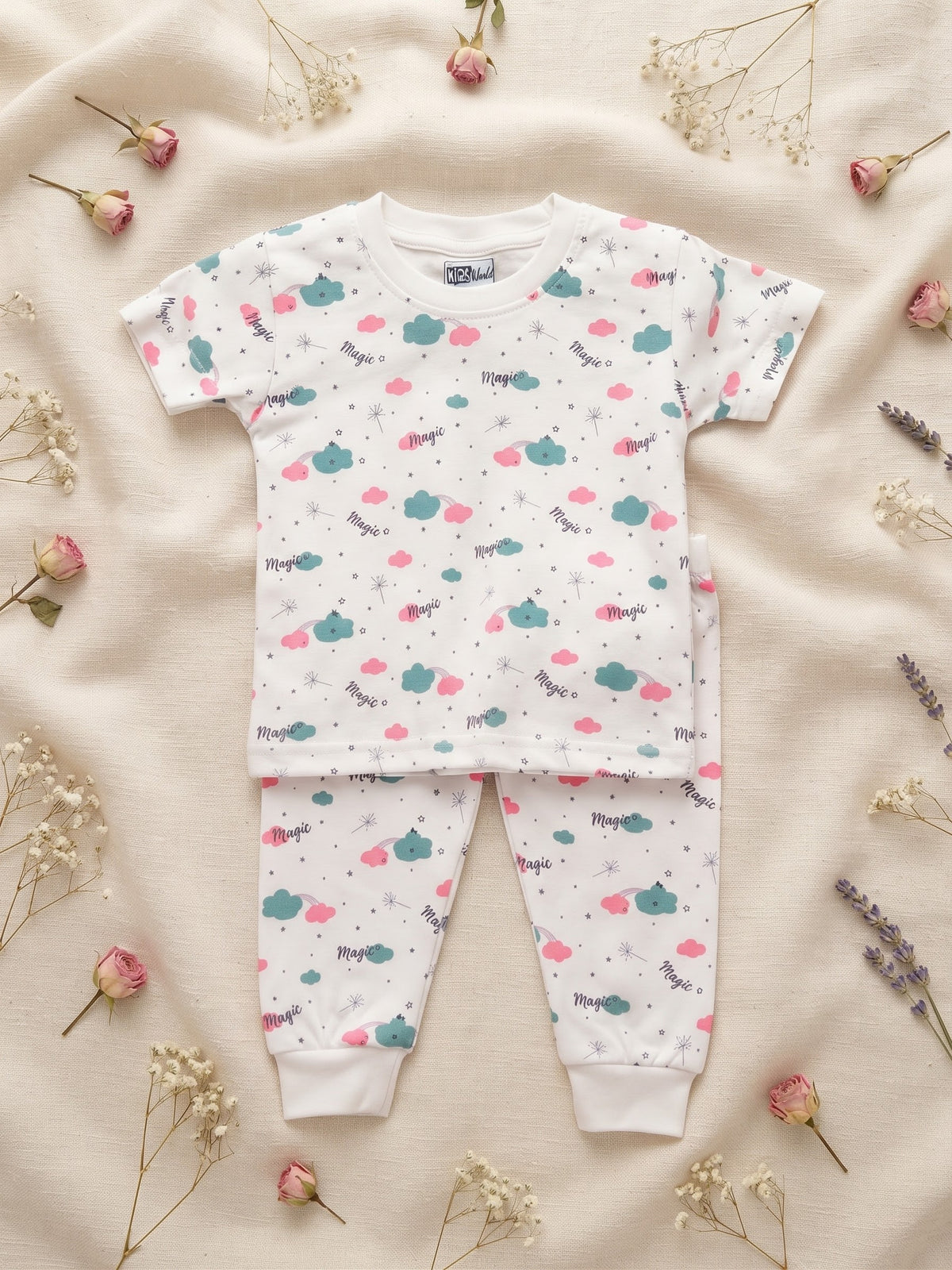 Baby Girls "Magic" Cloud & Star Print Half-Sleeve & Trouser Set