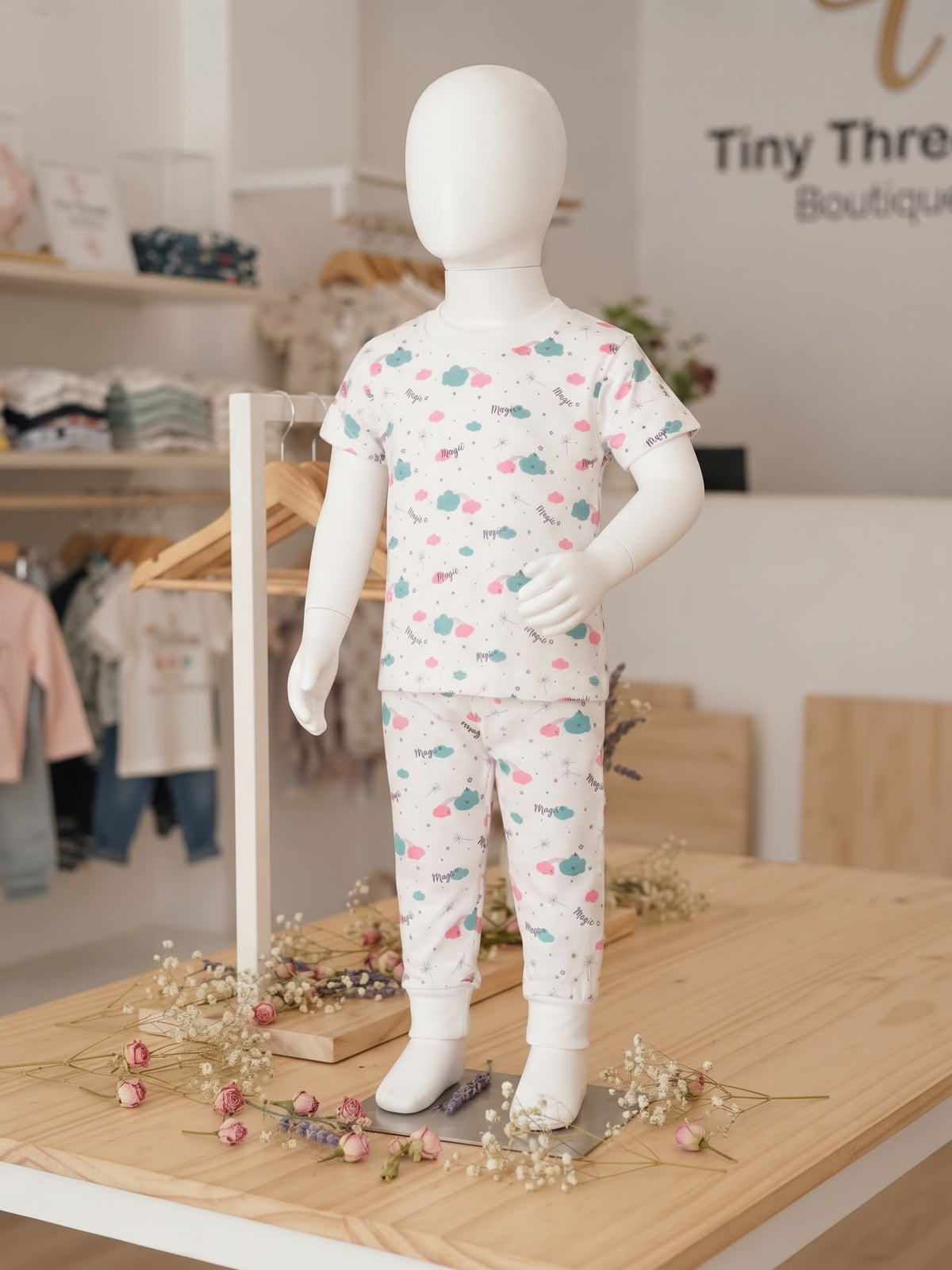 Baby Girls "Magic" Cloud & Star Print Half-Sleeve & Trouser Set