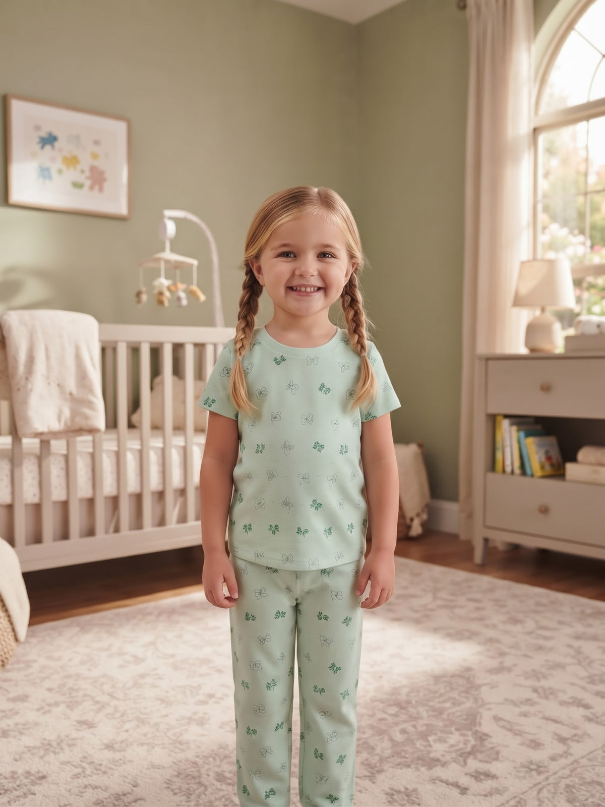 Mint Green Bow Print Half-Sleeve & Trouser Set