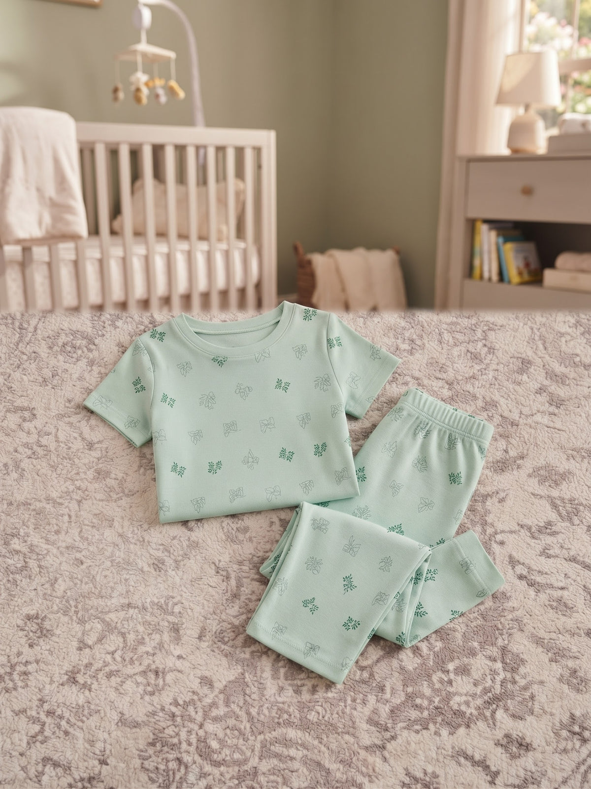 Mint Green Bow Print Half-Sleeve & Trouser Set