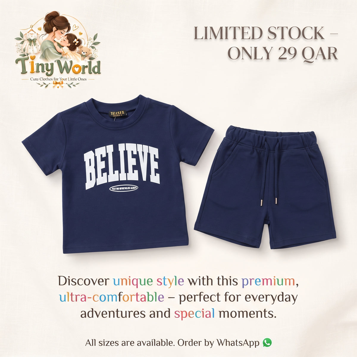 Navy Blue "BELIEVE" T-Shirt and Shorts Set