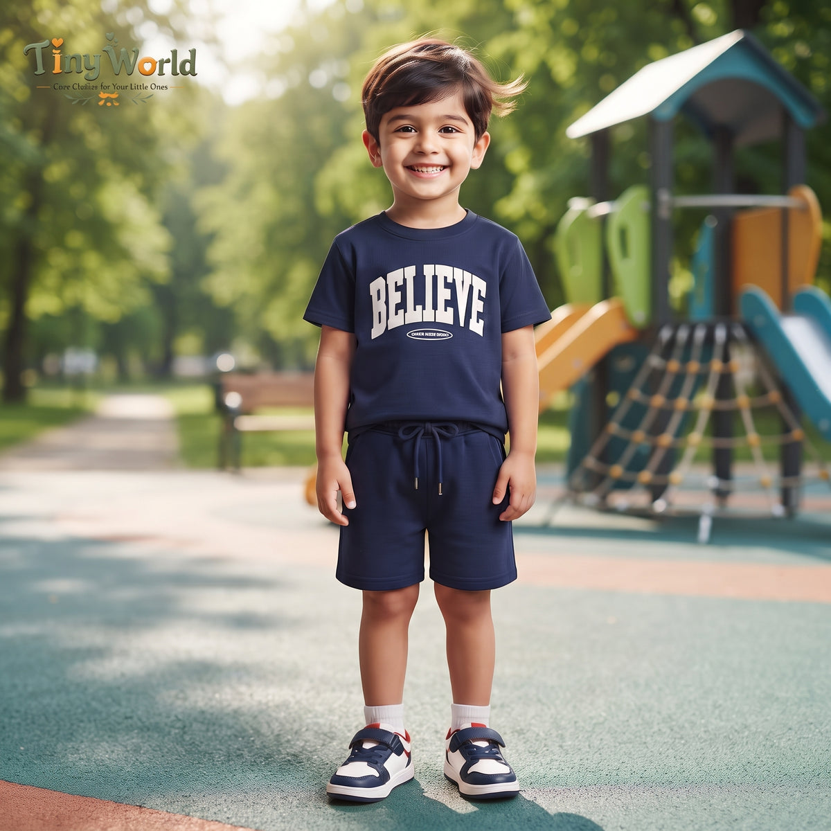 Navy Blue "BELIEVE" T-Shirt and Shorts Set