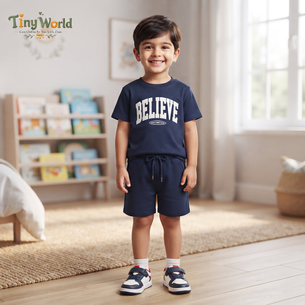 Navy Blue "BELIEVE" T-Shirt and Shorts Set