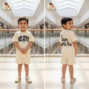 Boys Off-White Ribbed "BELIEVE" T-Shirt & Shorts Set
