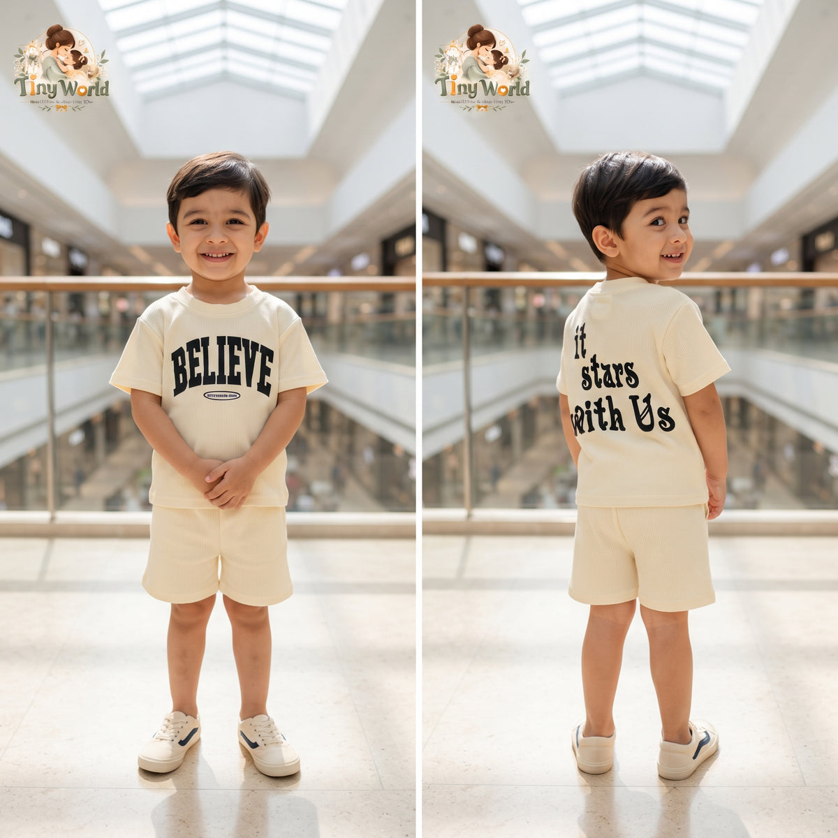 Boys Off-White Ribbed "BELIEVE" T-Shirt & Shorts Set