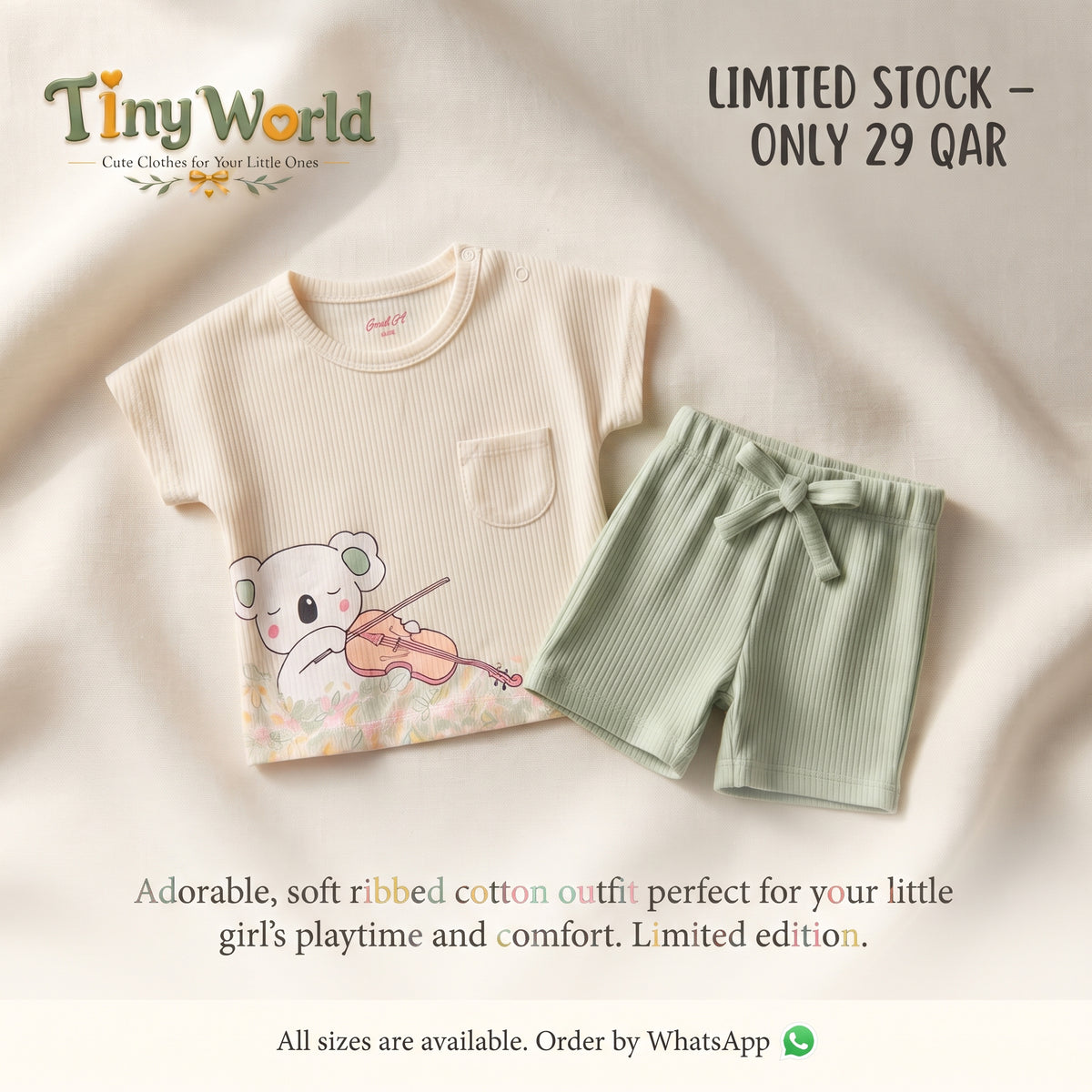 Koala Graphic Cotton Two-Piece Set – Cream & Mint