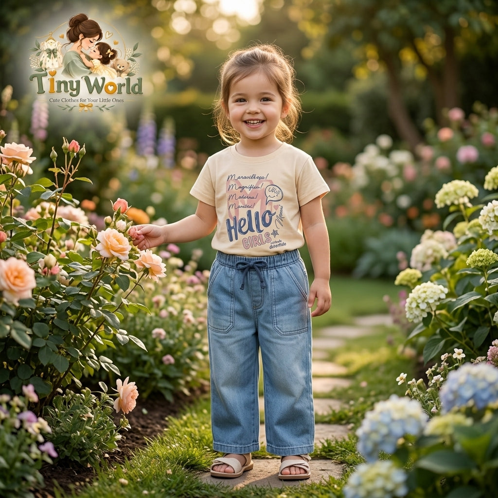 Toddler Denim Outfit Set | Cute Cream Graphic T-Shirt & Soft Jeans