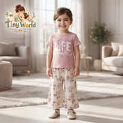 Girls Pink Graphic T-Shirt & Floral Wide-Leg Pants Set