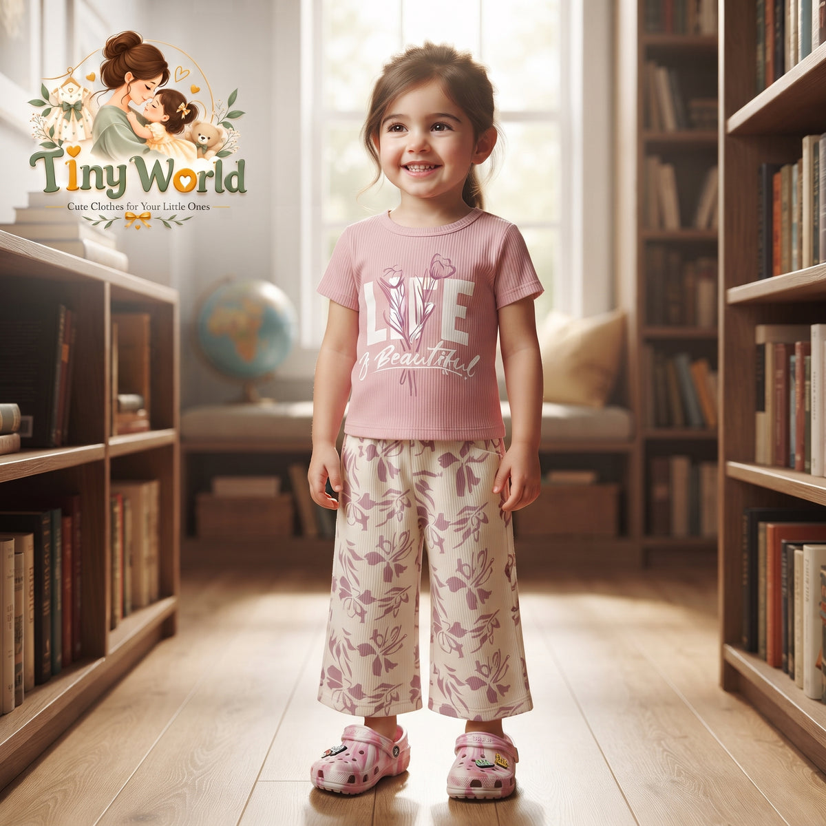 Girls Pink Graphic T-Shirt & Floral Wide-Leg Pants Set