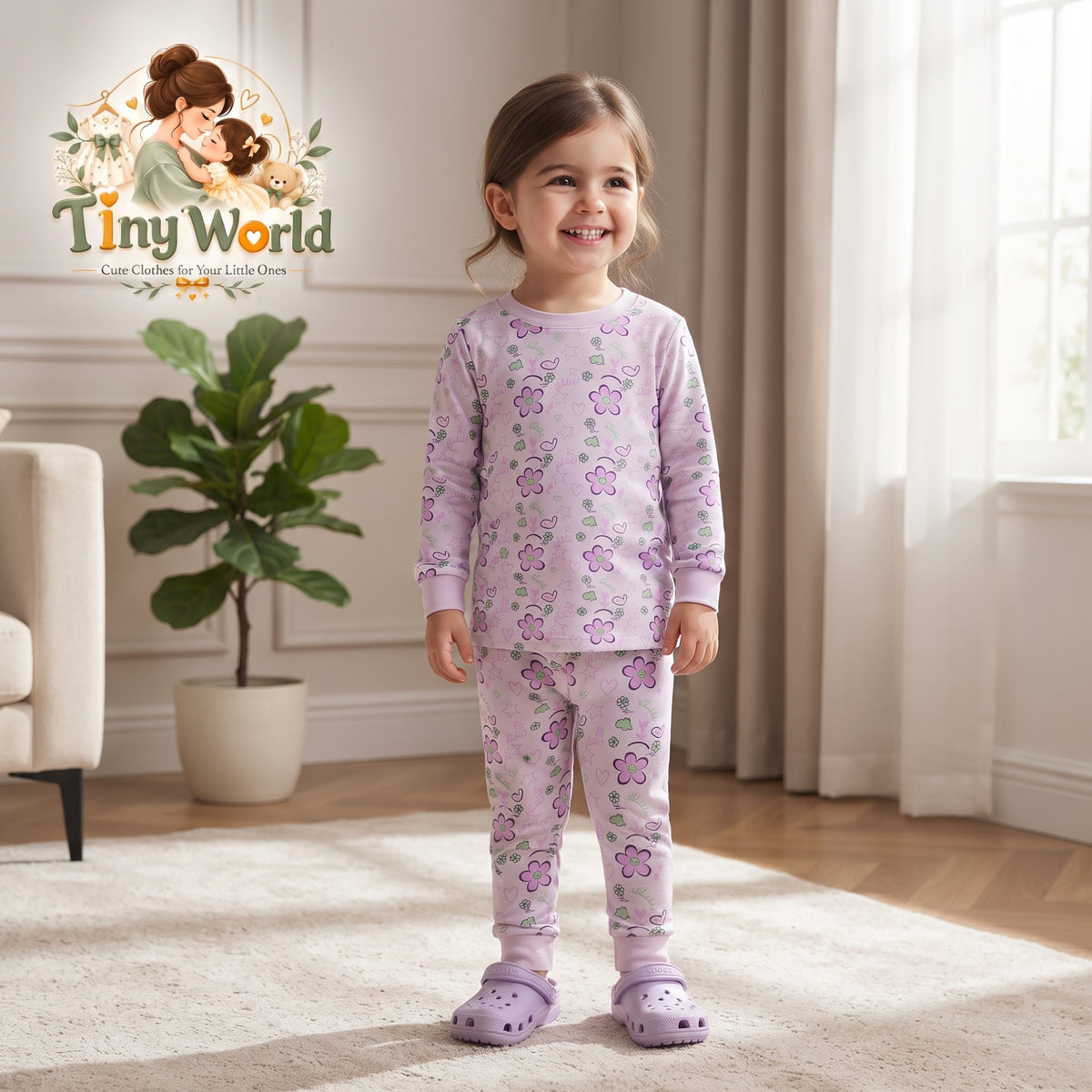 Girls Purple pinkish Floral Long-Sleeve Pajama & Lounge Set