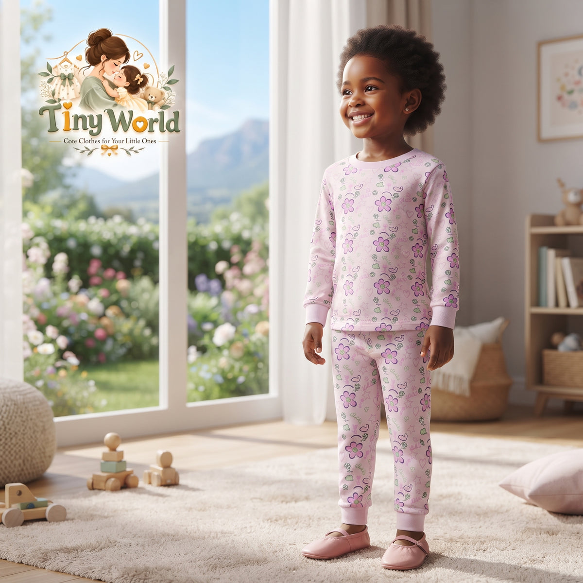 Girls Purple pinkish Floral Long-Sleeve Pajama & Lounge Set