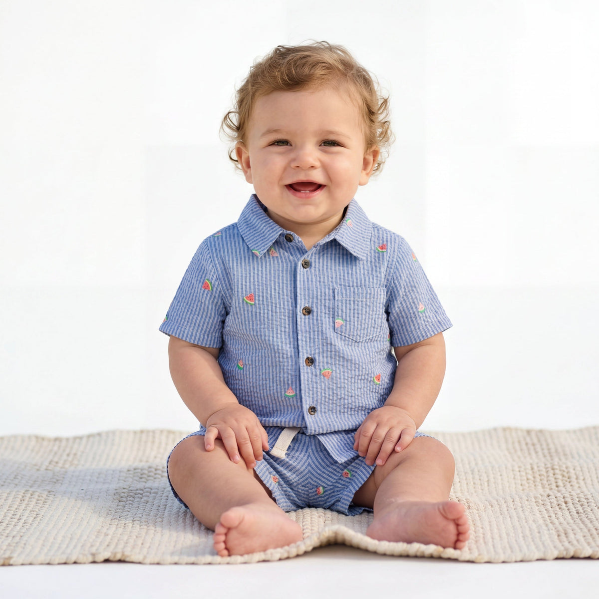 Infant Buttondown & Short Set | Watermelon Stripes