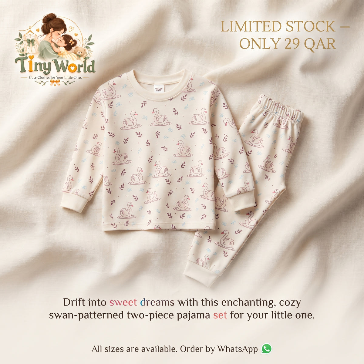 Girls Cream Swan Print Long-Sleeve Pajama & Lounge Set