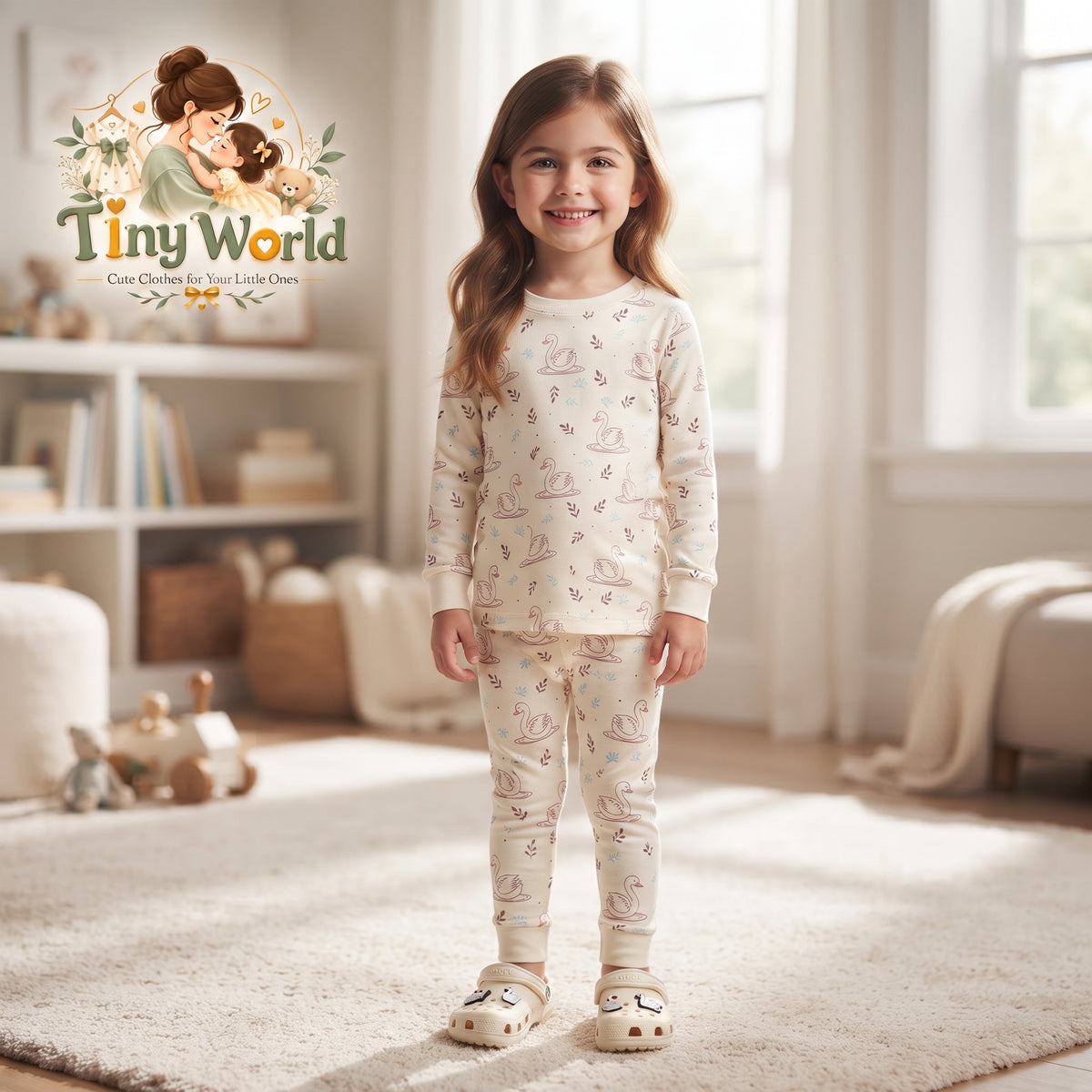 Girls Cream Swan Print Long-Sleeve Pajama & Lounge Set